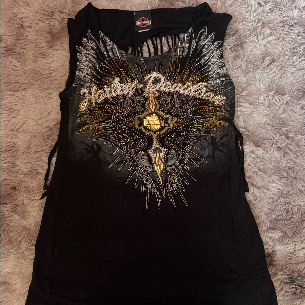 Harley-Davidson Black Rhinestone & Fringe Women's Tank Top Sz Sm